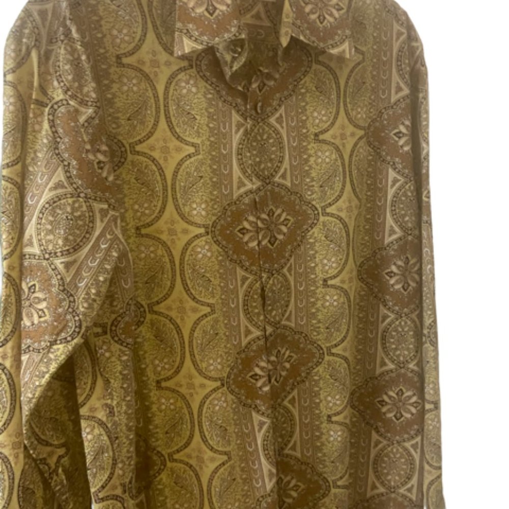 Perry Ellis Olive Green & Brown Paisley Button Up Shirt - Size S